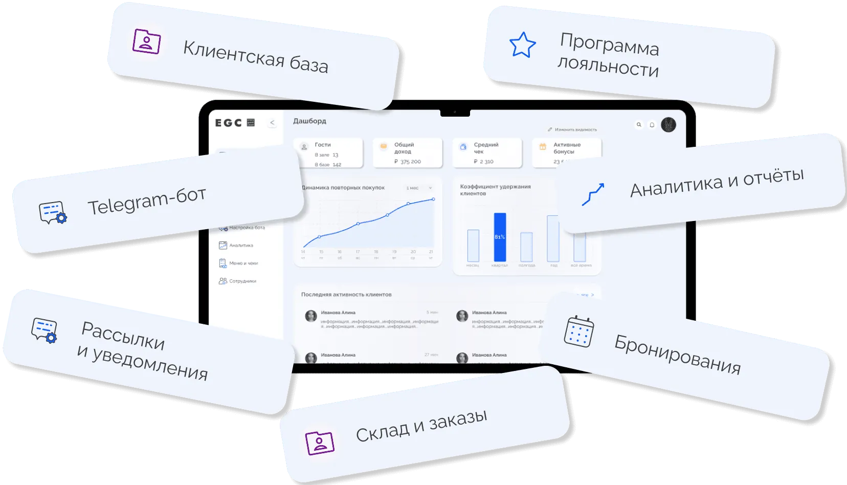 Возможности EGC: клиентская база, программа лояльности, Telegram-бот, аналитика, бронирования, рассылки, склад и заказы